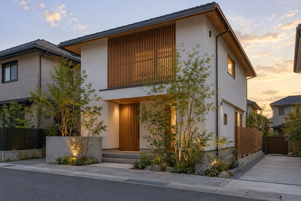 木の格子と白壁の2階建ての家の外観